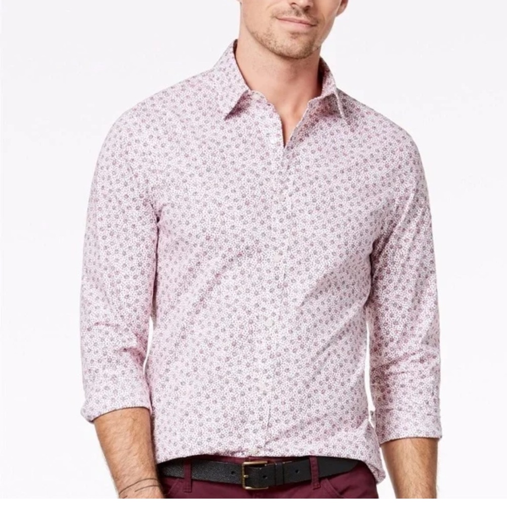 Michael‎ Kors Pink Floral Patterned Button-Up Shirt. Trim Stretch Size S